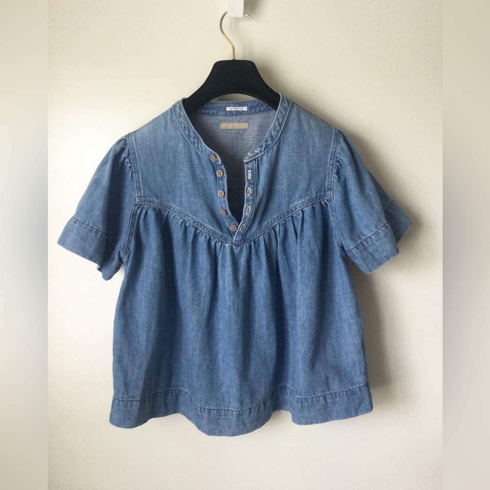 MOTHER Denim The Giggler Top Salt/Lime Blue Jean Button Babydoll S $255 - Picture 5 of 16